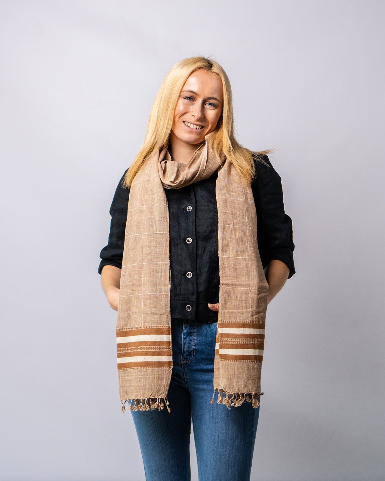 Organic Cotton French Beige & Mocha Handwoven Scarf - Cotton Scarves Australia