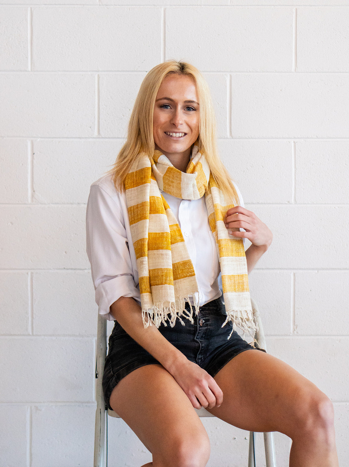 Eri Silk Golden Glow and Wheatfield Striped Handwoven Natural Dyed Scarf - Silk Scarves Australia