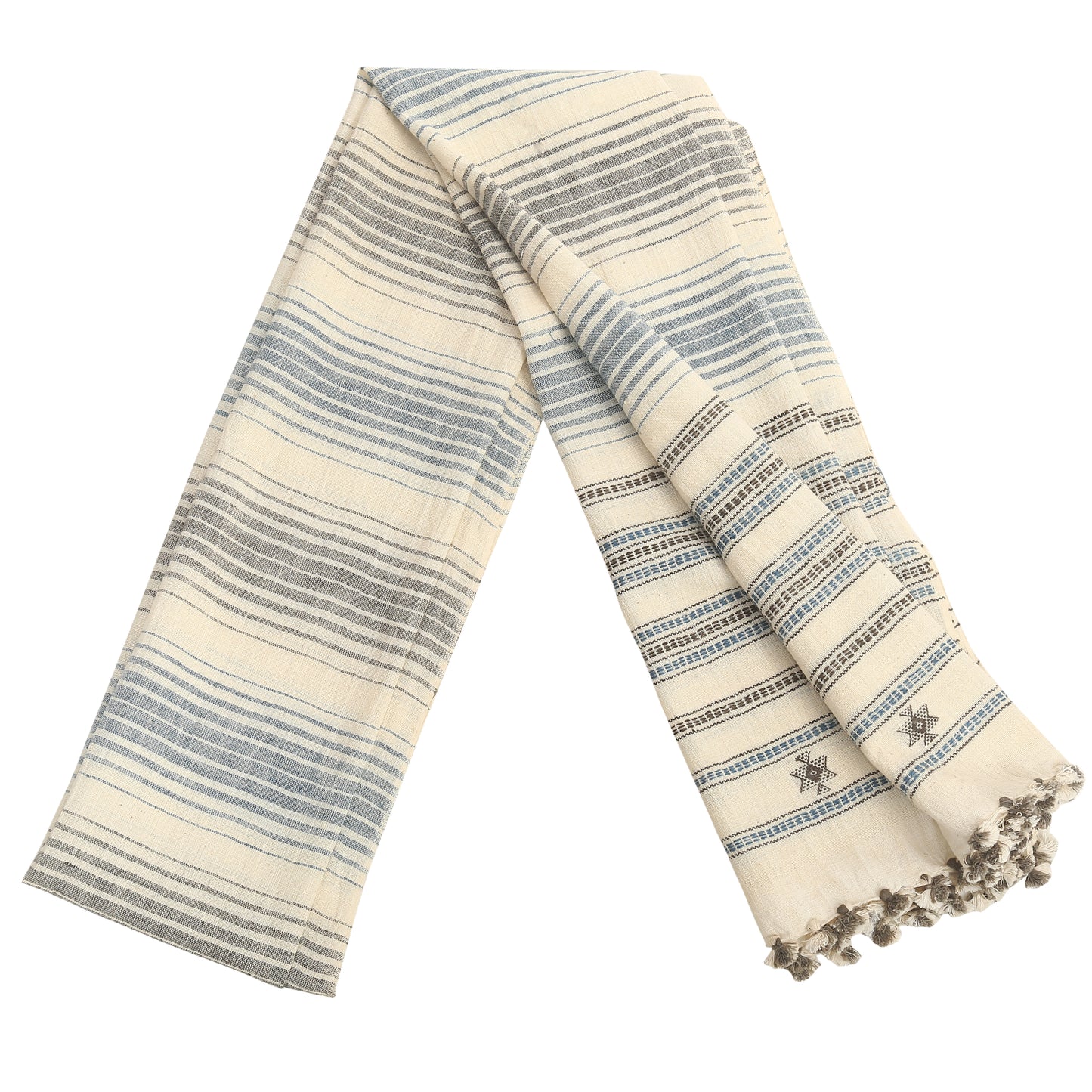 Organic Cotton Antique White & Blue Grey Stripe Handwoven Scarf - Cotton Scarves Australia