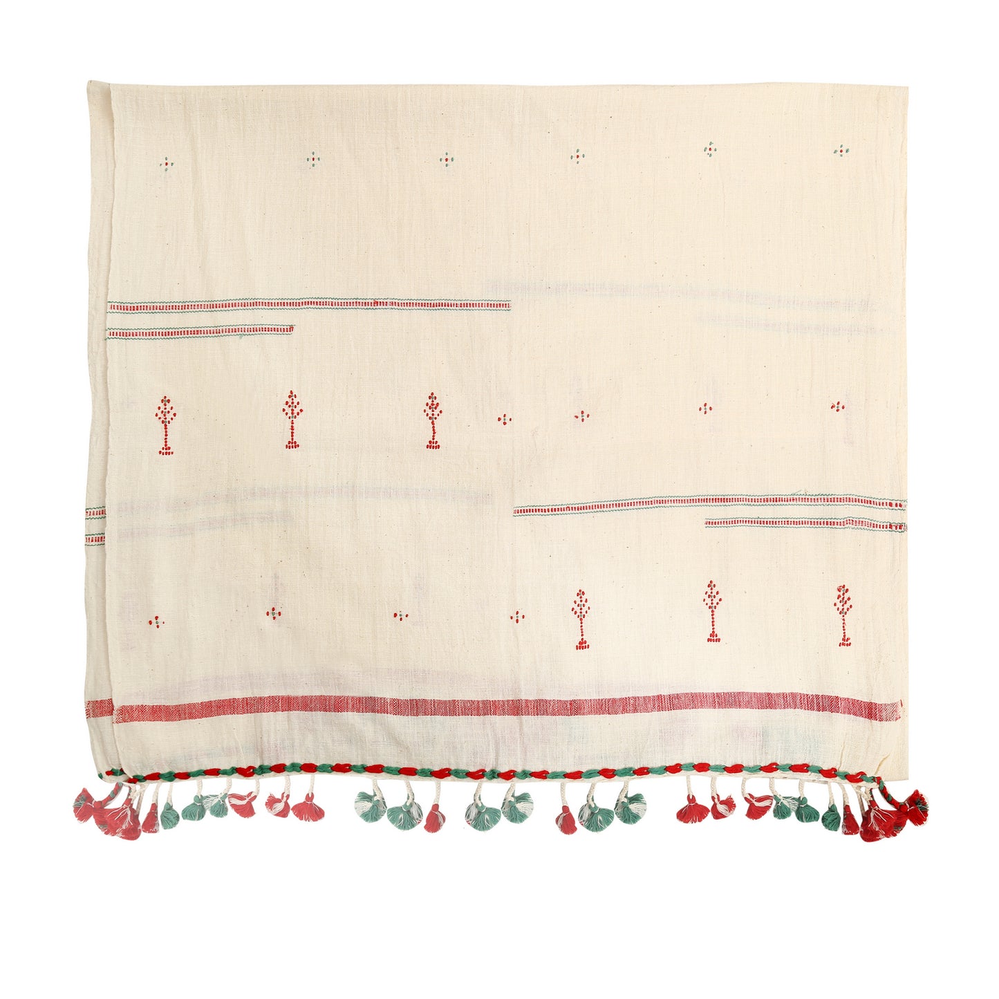 Organic Cotton Double Spanish White & Faded Red/Green Handwoven Scarf - Cotton Scarves Australia