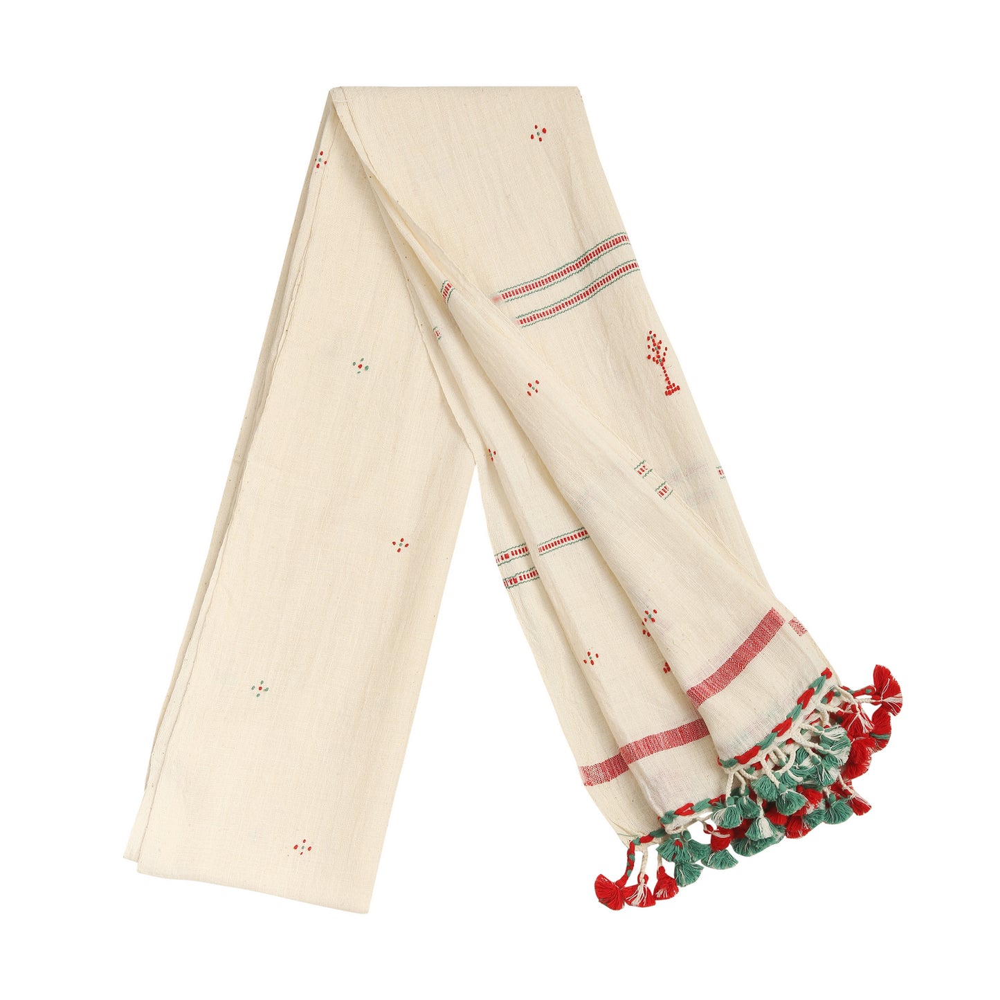 Organic Cotton Double Spanish White & Faded Red/Green Handwoven Scarf - Cotton Scarves Australia