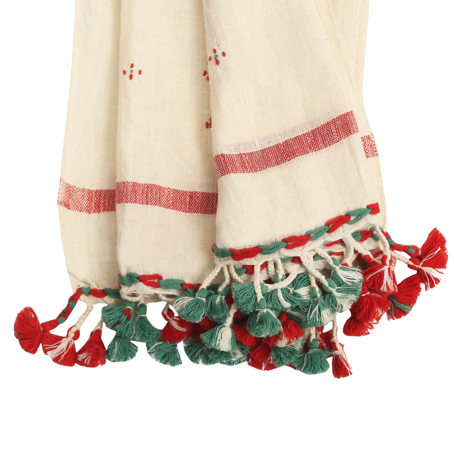 Organic Cotton Double Spanish White & Faded Red/Green Handwoven Scarf - Cotton Scarves Australia