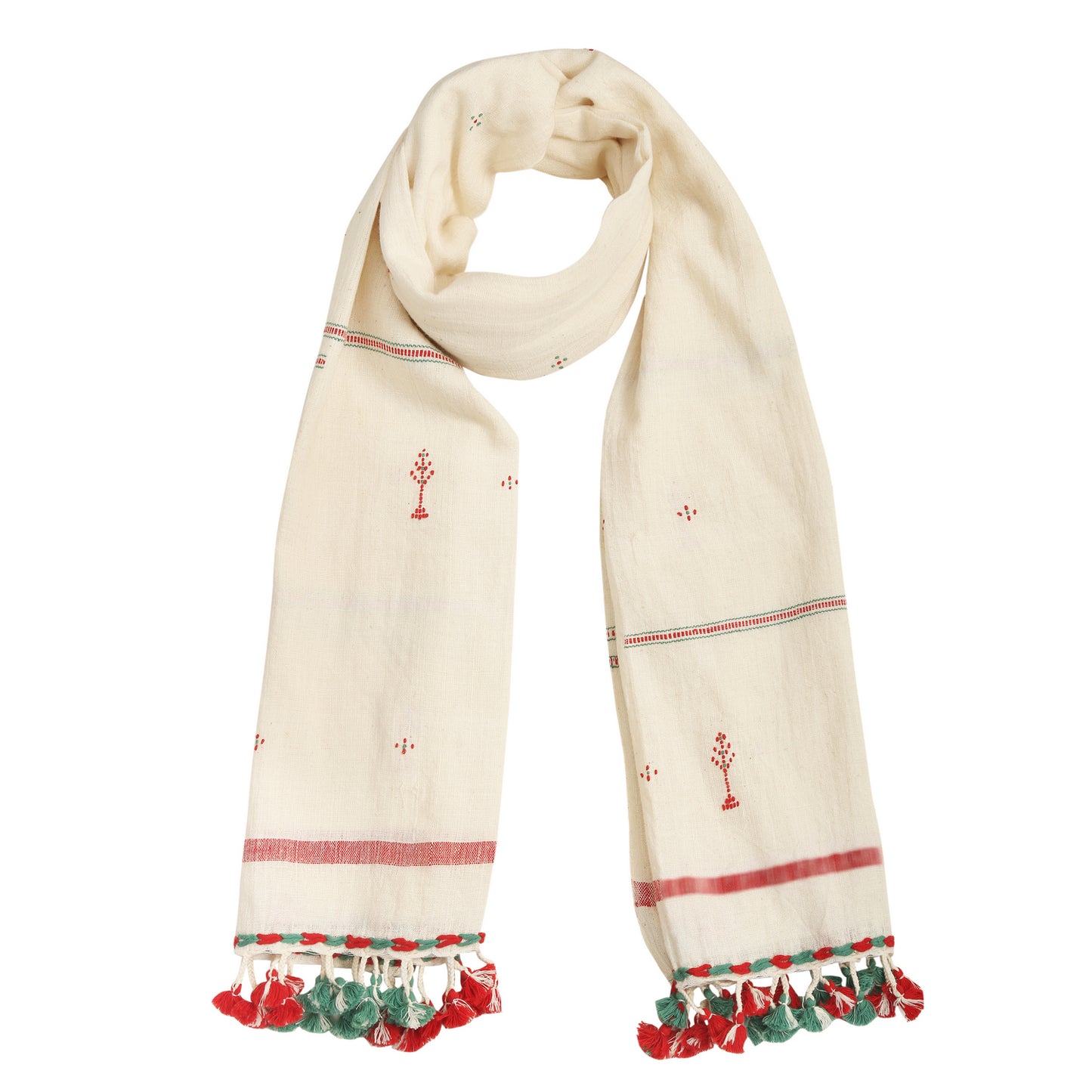 Organic Cotton Double Spanish White & Faded Red/Green Handwoven Scarf - Cotton Scarves Australia