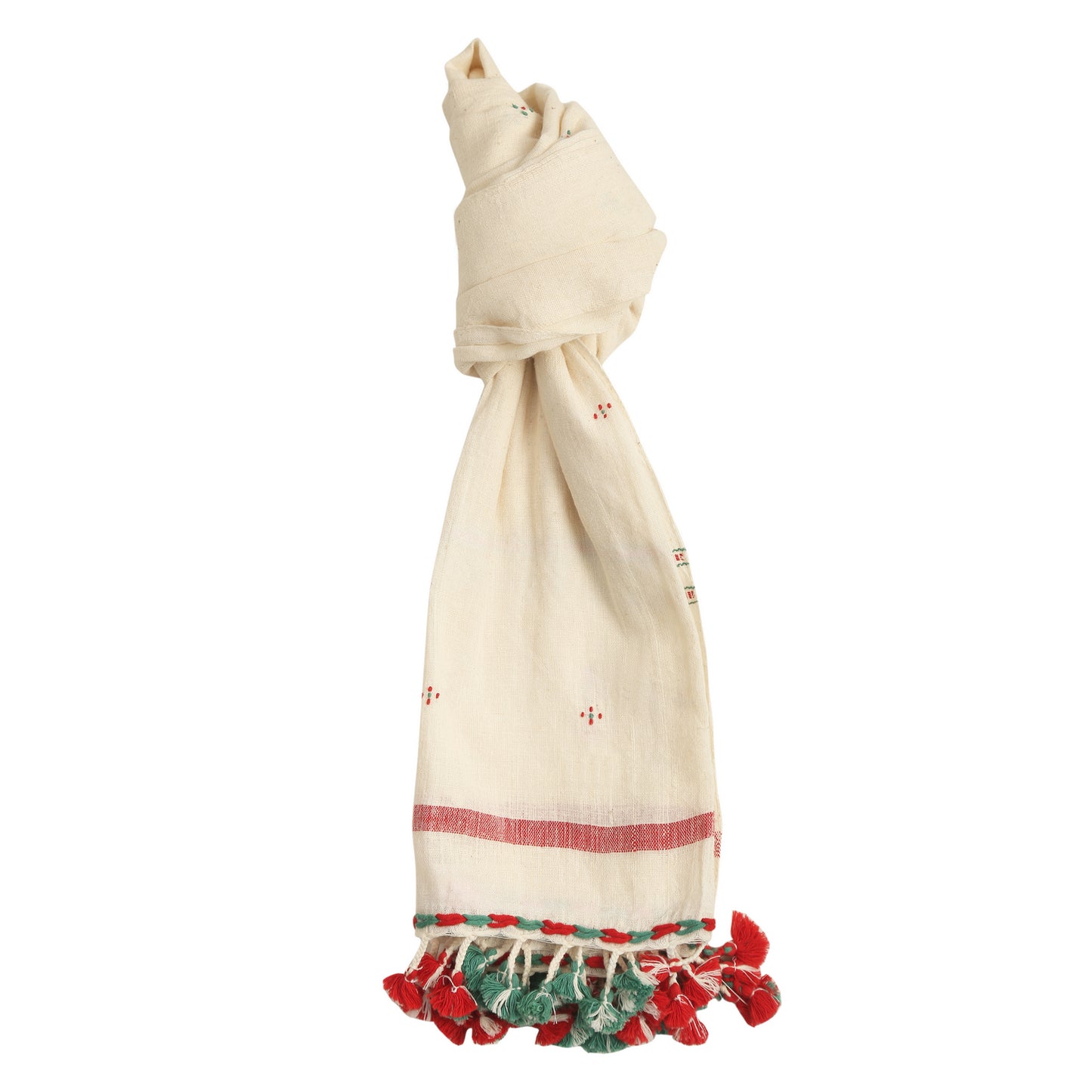 Organic Cotton Double Spanish White & Faded Red/Green Handwoven Scarf - Cotton Scarves Australia