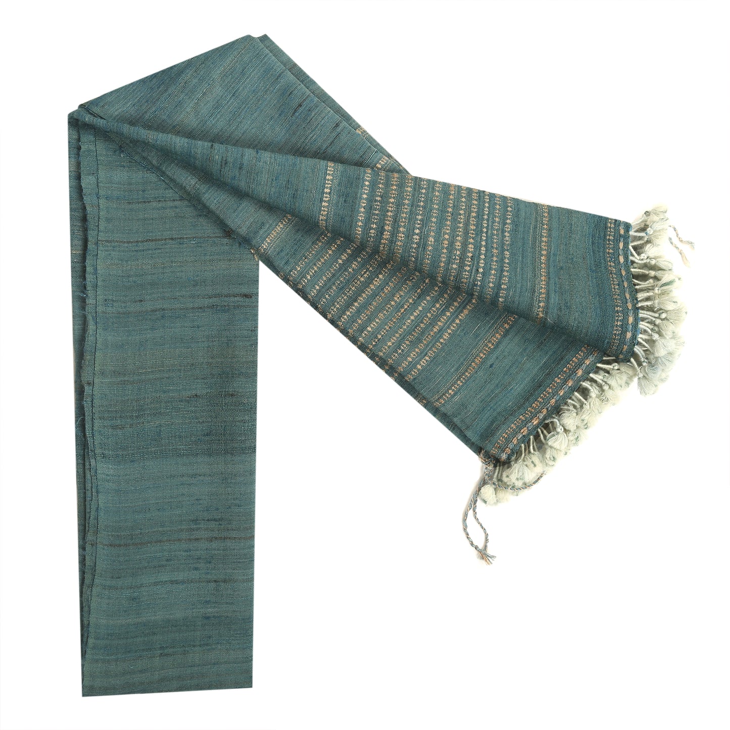 Beetle Green and Vanilla Handwoven Scarf in Fine Australian Merino Wool & Tussar Silk - Merino Wool Scarves