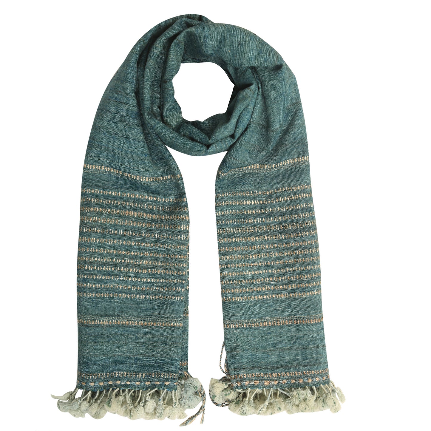 Beetle Green and Vanilla Handwoven Scarf in Fine Australian Merino Wool & Tussar Silk - Merino Wool Scarves